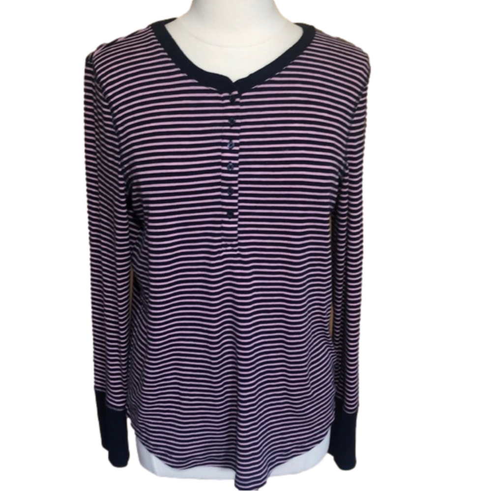 Gap striped Blue & Pink rib Henley w/blue long cuffs & buttons Size Large tall